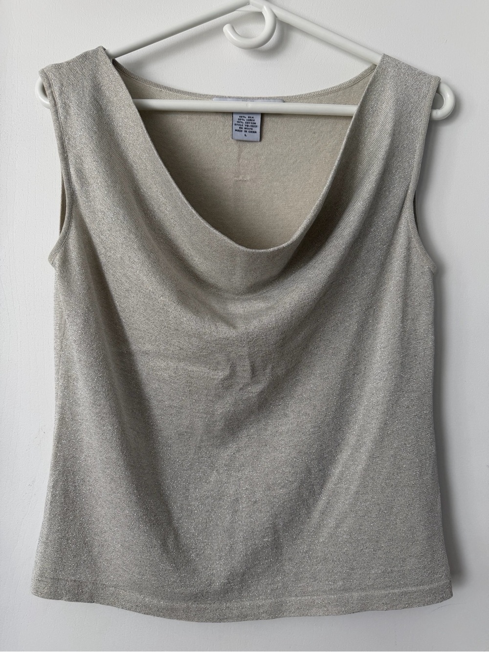 Versailles Silk Lurex Metallic Cowl Neck Top Silver Women’s L